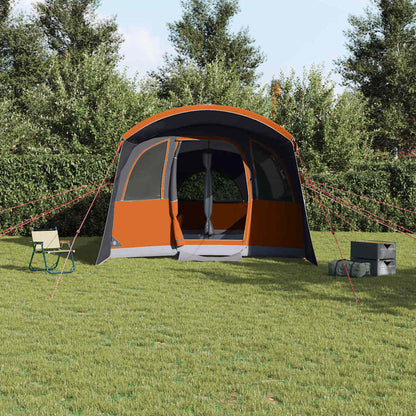 Zijaanzicht van de vidaXL gezinstent in grijs en oranje, met open ingang en opgezette tent.