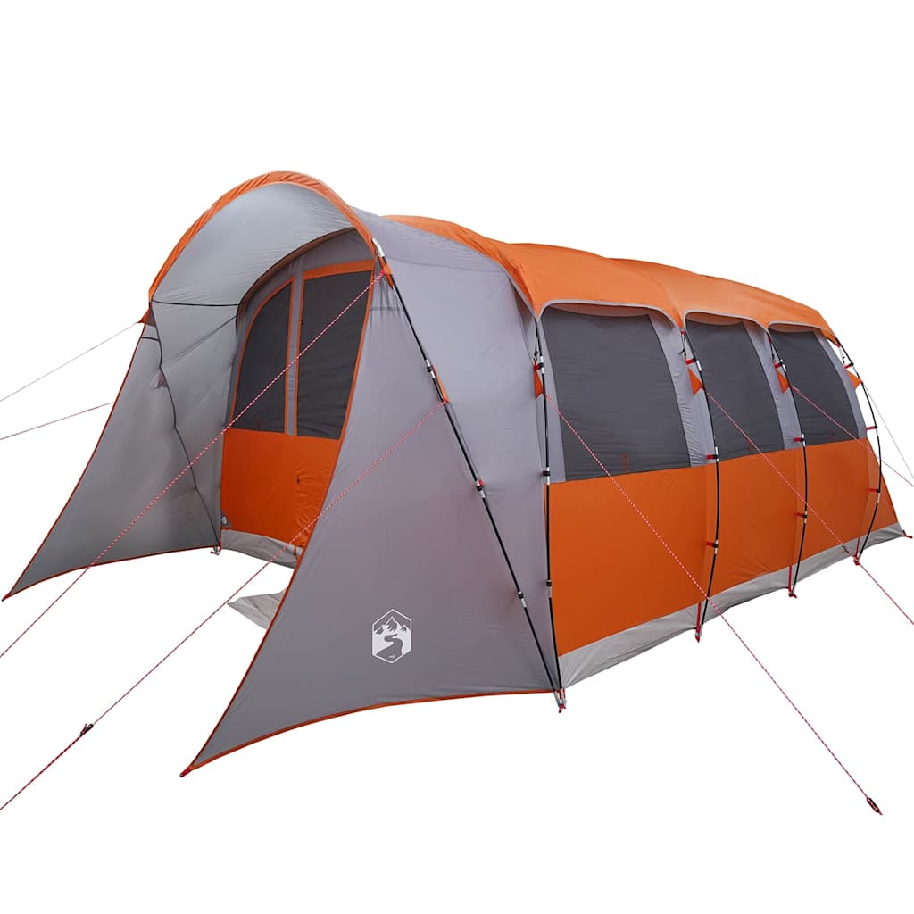 Zijaanzicht van de vidaXL gezinstent in grijs en oranje met ventilatieroosters.