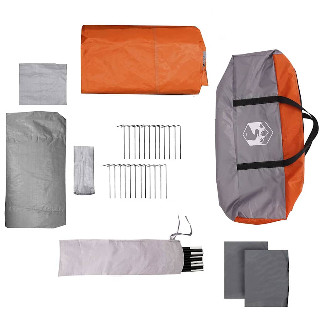 Detail van de grijs-oranje vidaXL gezinstent met accessoires en haringen.