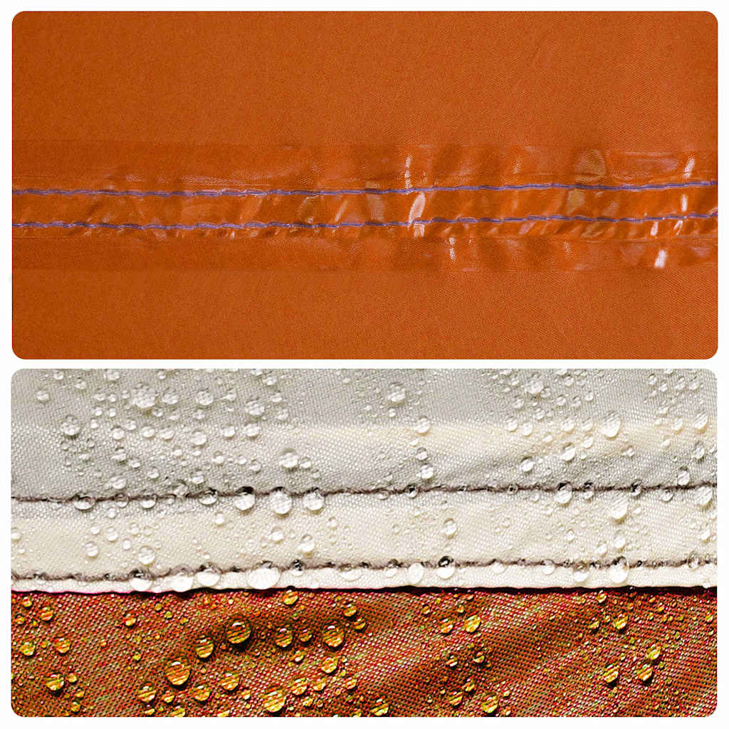 Detail van de waterafstotende naden van de vidaXL gezinstent in oranje en grijs.