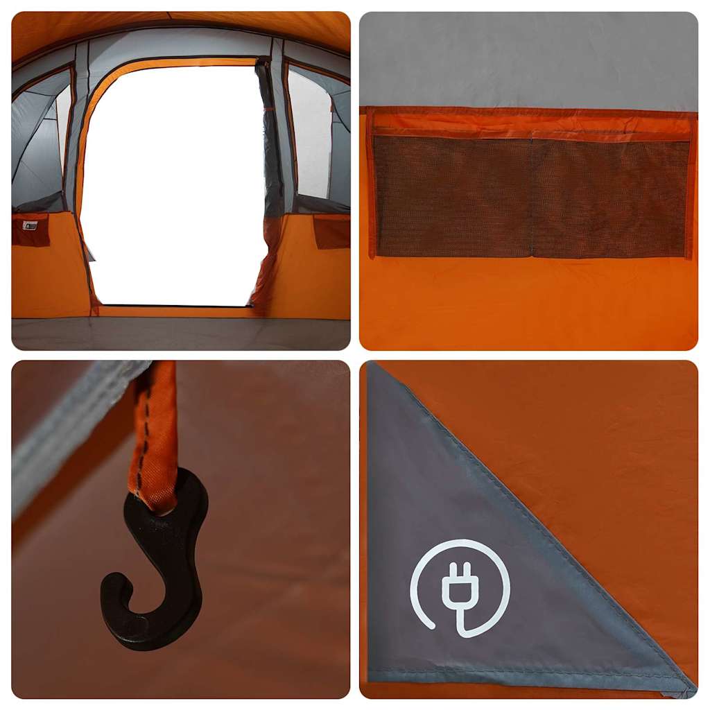 Detail van de grijze en oranje vidaXL gezinstent met ingang en opbergvak.