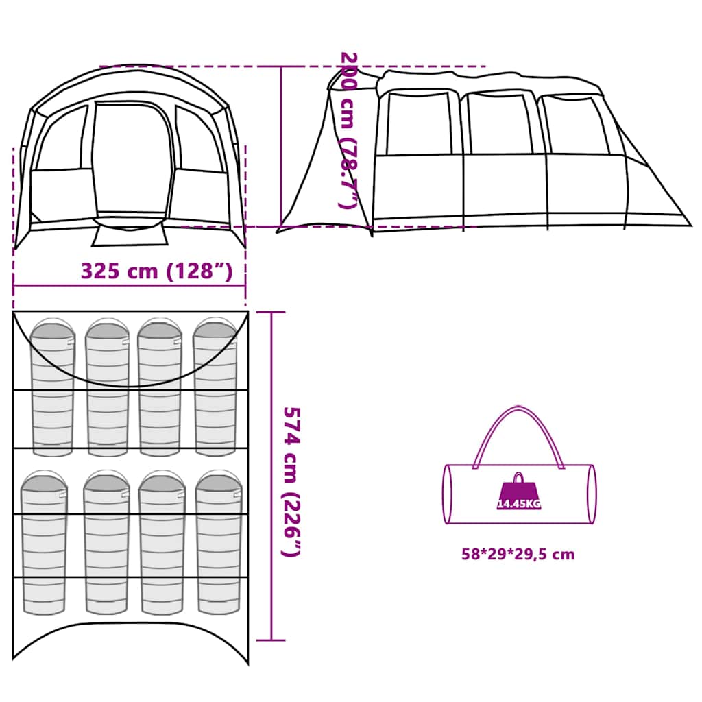 Detailtekening van de vidaXL gezinstent met afmetingen en opbergmogelijkheden.