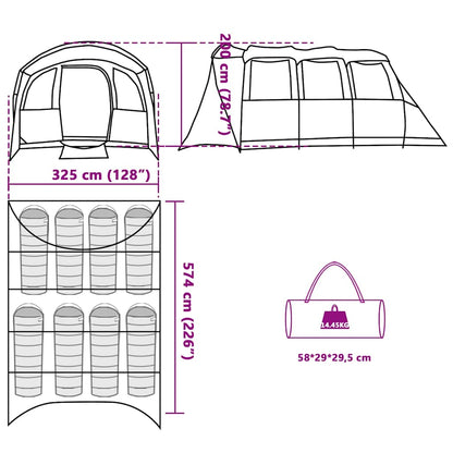 Detailtekening van de vidaXL gezinstent met afmetingen en opbergmogelijkheden.