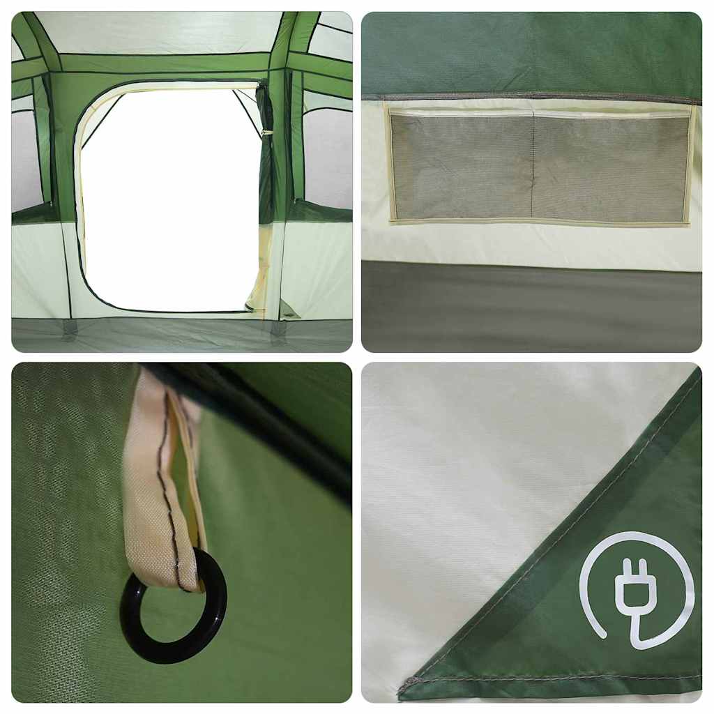 Detail van het zijraam met gaas en de elektriciteitsaansluiting van de vidaXL Gezinstent.