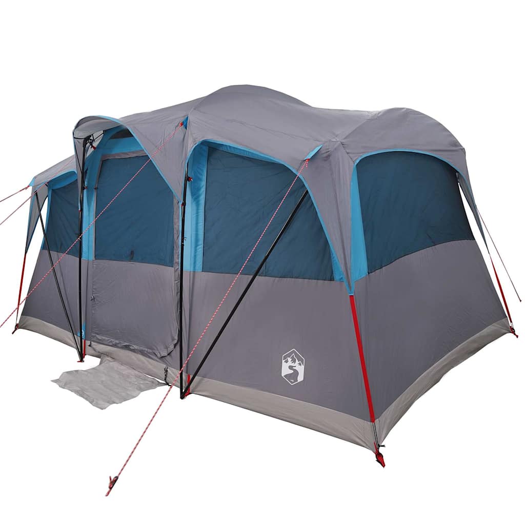 Zijaanzicht van de vidaXL gezinstent in blauw en grijs met ingangen en ventilatiedelen.