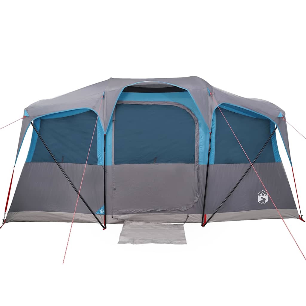Detail van de ingang van de vidaXL gezinstent in blauw en grijs met ventilatieroosters.