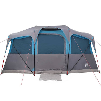 Detail van de ingang van de vidaXL gezinstent in blauw en grijs met ventilatieroosters.