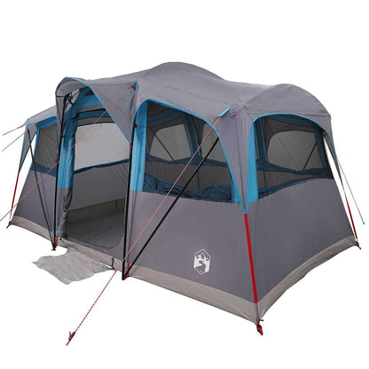 Detail van de vidaXL gezinstent in blauw en grijs, met open ingangen en ventilatieroosters.