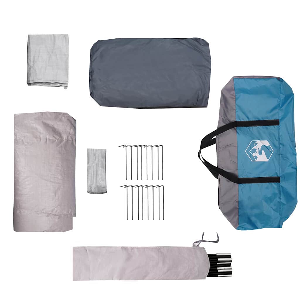 Detail van de vidaXL gezinstentaccessoires, inclusief haringen en opbergtas in blauw en grijs.