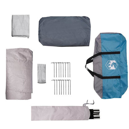 Detail van de vidaXL gezinstentaccessoires, inclusief haringen en opbergtas in blauw en grijs.
