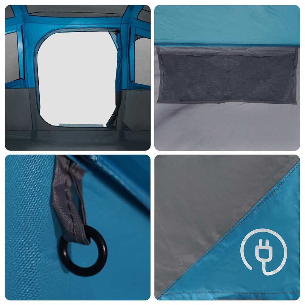 Detail van het zijraam en de stroomaansluiting van de vidaXL gezinstent in blauw en grijs.