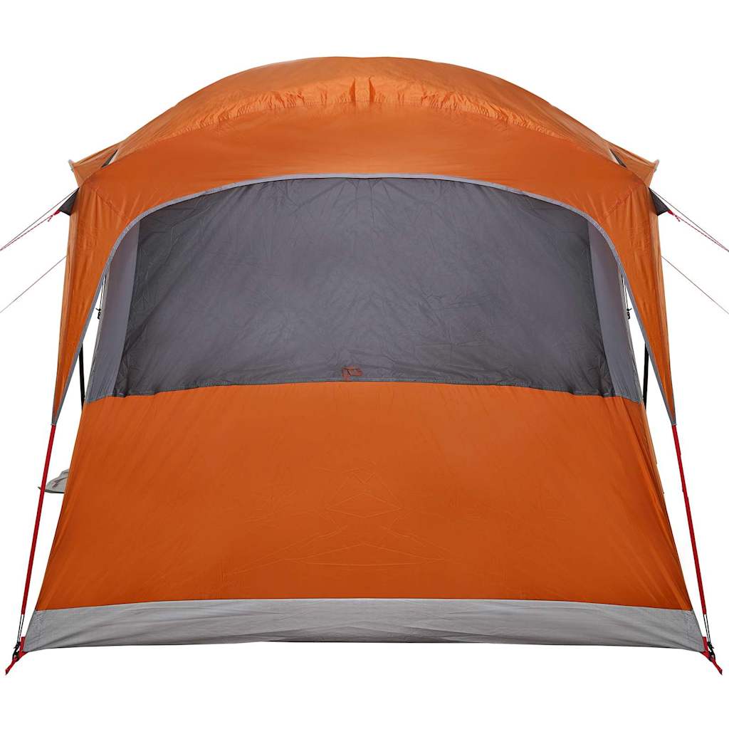 Detail van de oranje vidaXL gezinstent met een grote ingang en ventilatierooster.