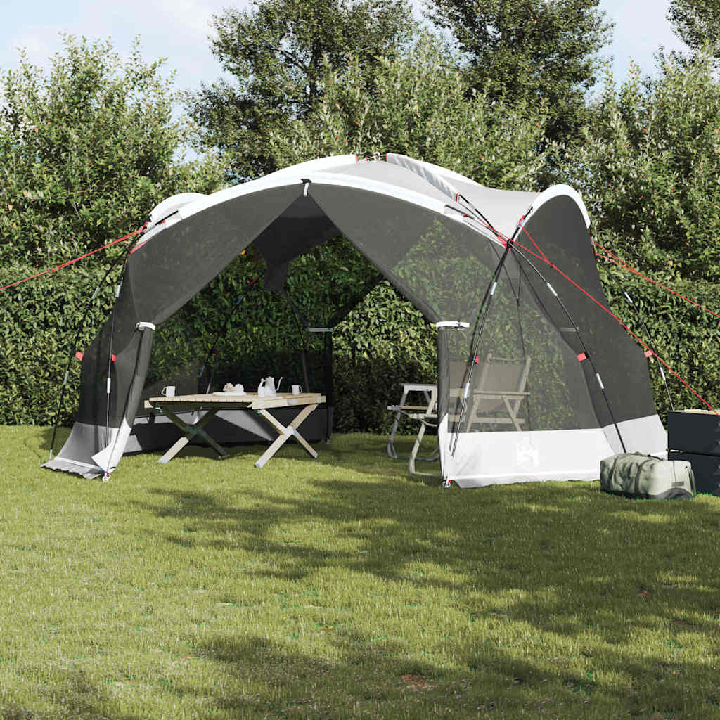 Grijze vidaXL muskietent van 434 x 434 x 230 cm, opgezet in een groene tuin.