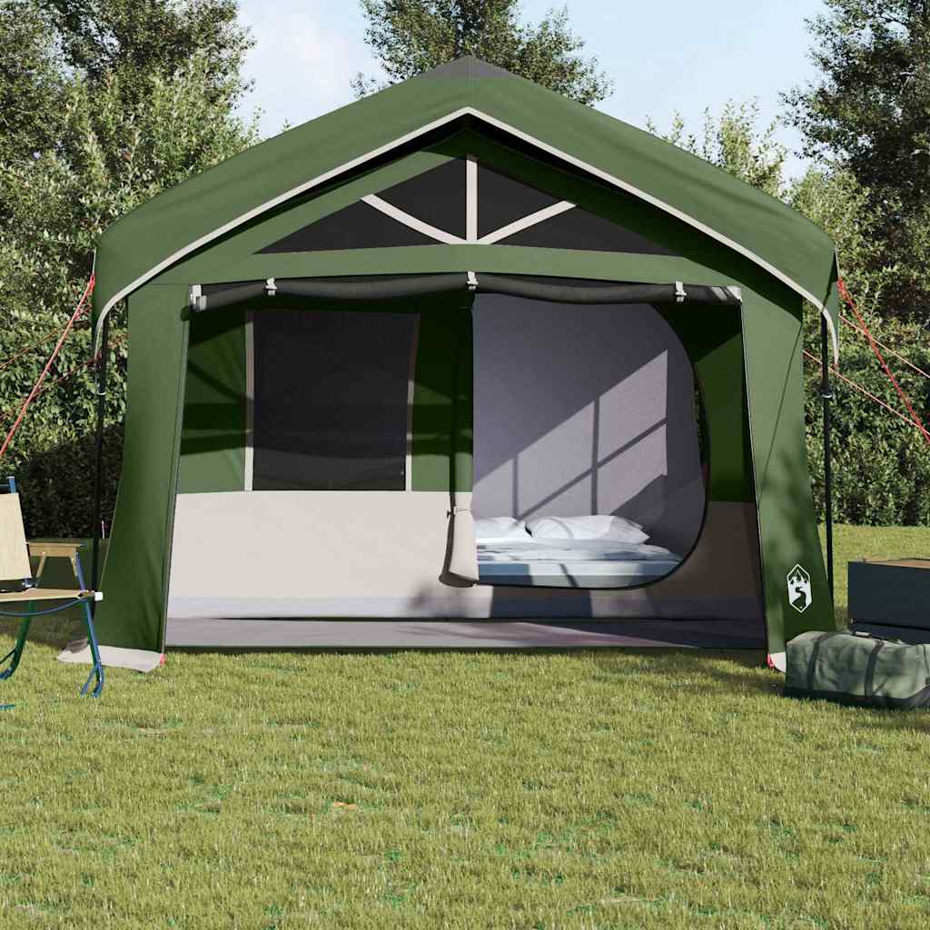 Detail van de vidaXL gezinstent in groen met open ingang en ruimte voor een bed.