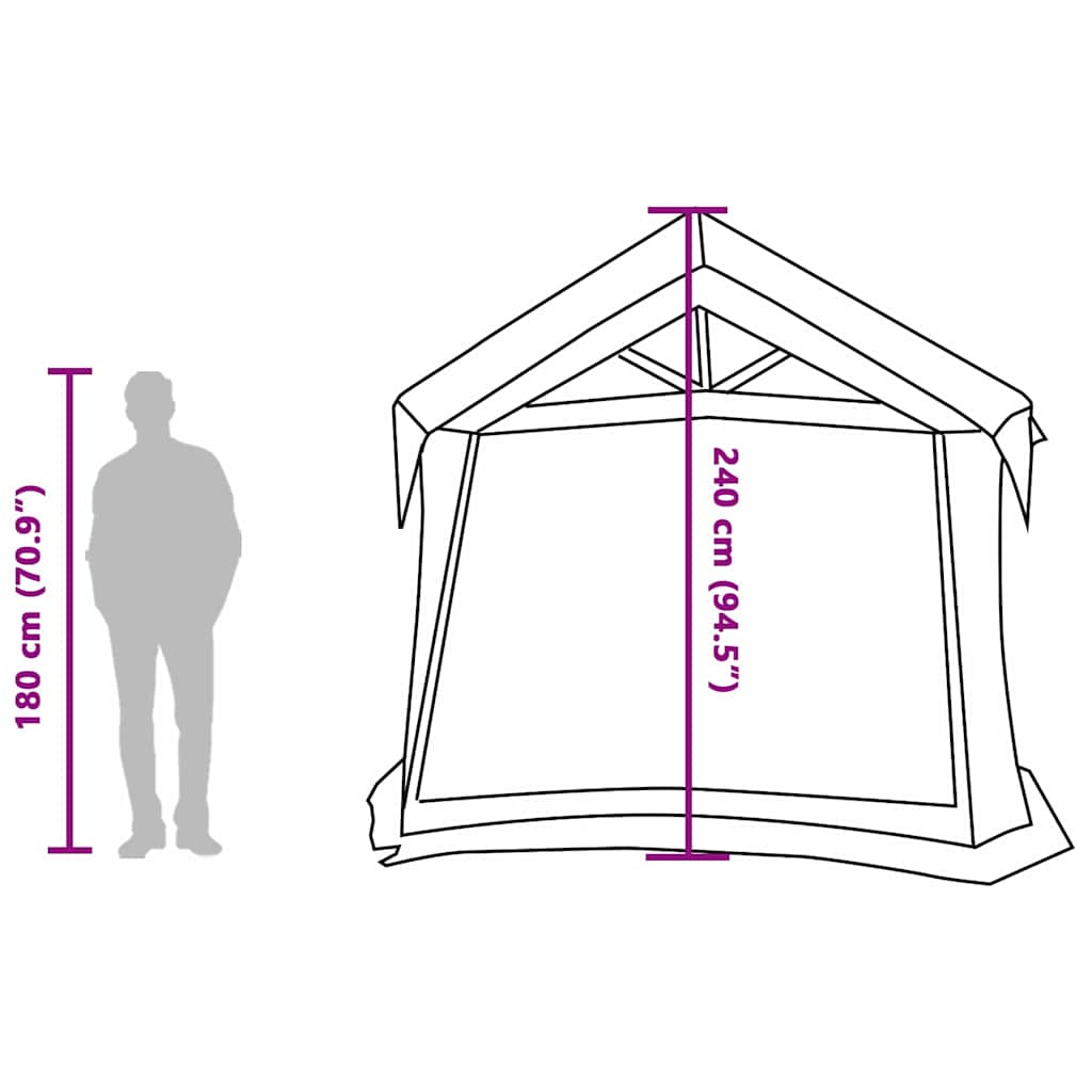 Detail van de vidaXL gezinstent met afmetingen en zijaanzicht van het ontwerp.