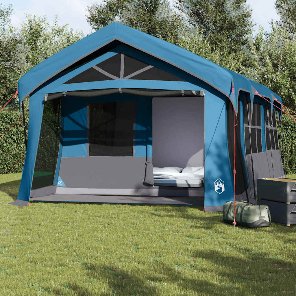 Blauwe en grijze vidaXL gezinstent met ruime ingang en ventilatieroosters in een groene omgeving.