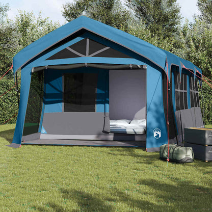 Blauwe en grijze vidaXL gezinstent met ruime ingang en ventilatieroosters in een groene omgeving.