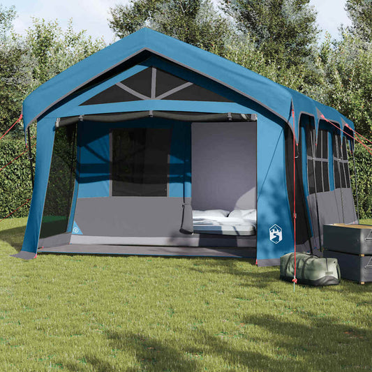 Blauwe en grijze vidaXL gezinstent met ruime ingang en ventilatieroosters in een groene omgeving.