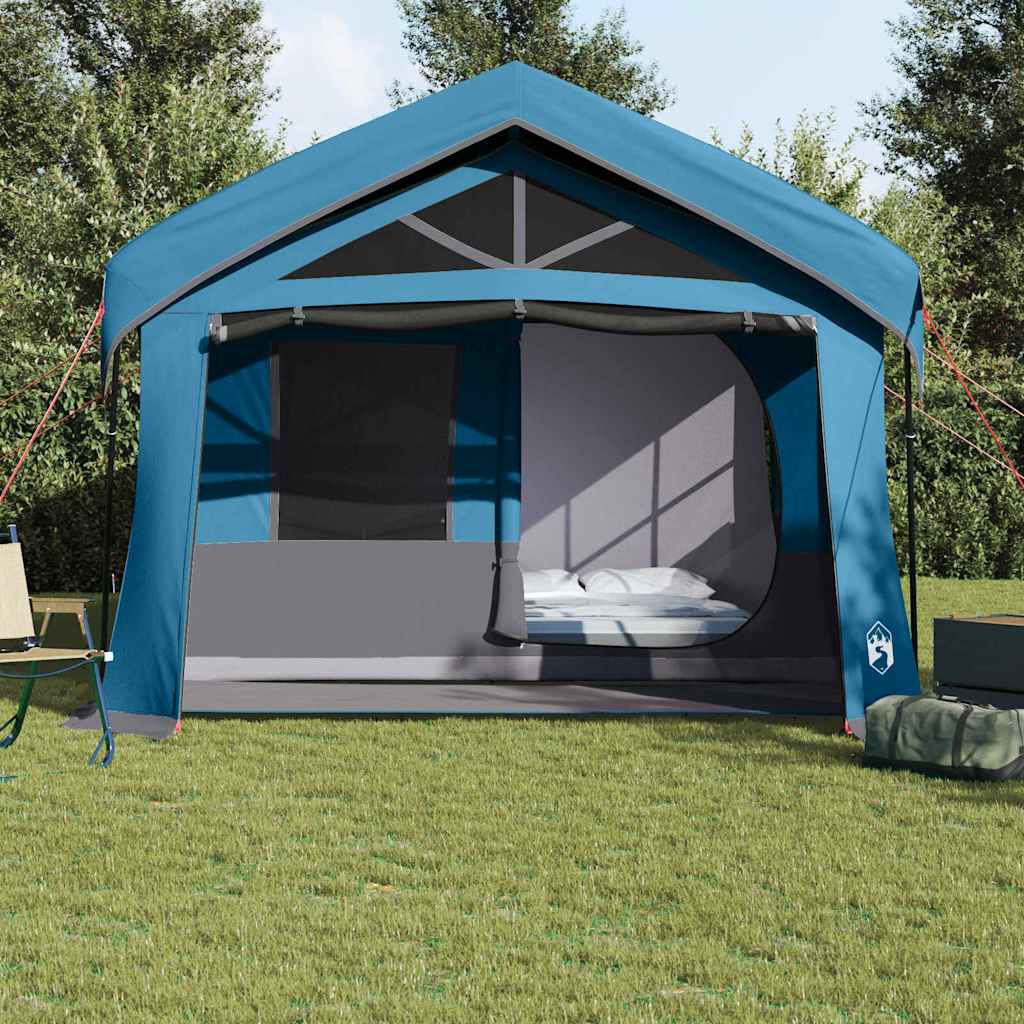 Zijaanzicht van de vidaXL gezinstent in blauw en grijs met open ingang en binneninrichting.