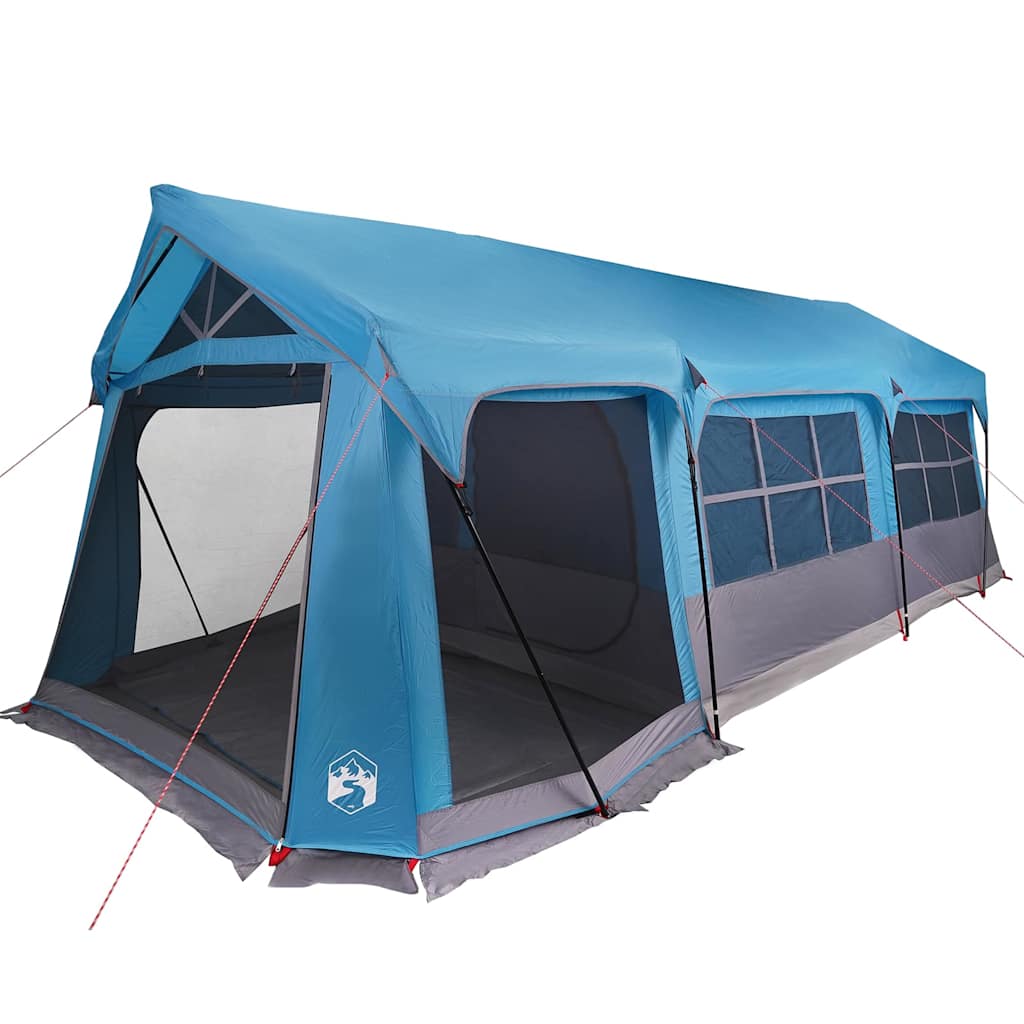Zijaanzicht van de vidaXL gezinstent in blauw en grijs met ruime ingang.