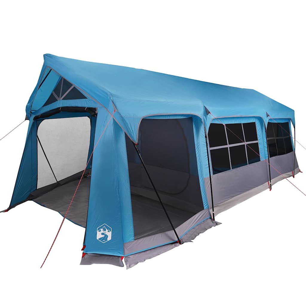 Zijaanzicht van de vidaXL gezinstent in blauw en grijs, met open ingang en ventilatiepanelen.