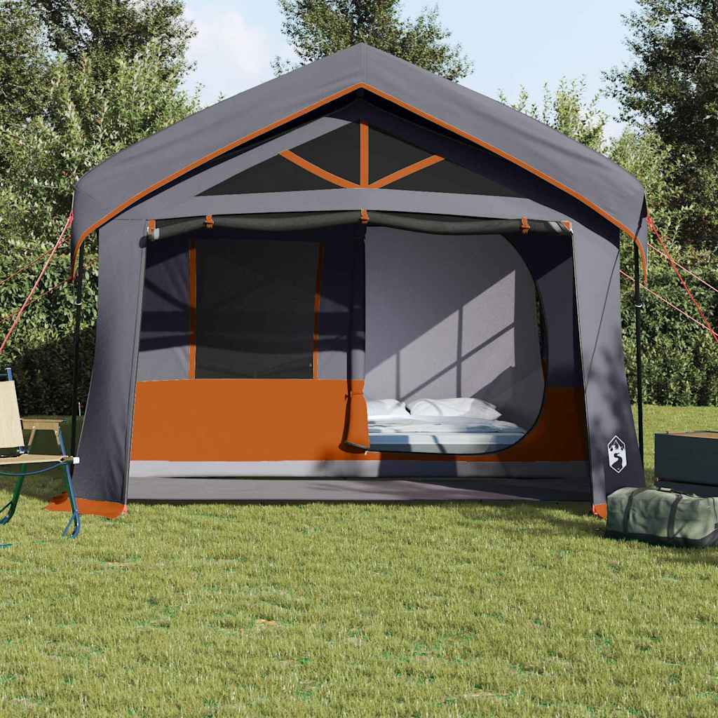 Detail van de vidaXL gezinstent in grijs en oranje met open ingang en uitzicht op de binnenruimte.