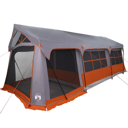 Detail van de vidaXL gezinstent in grijs en oranje, met ruime ingang en ventilatieroosters.