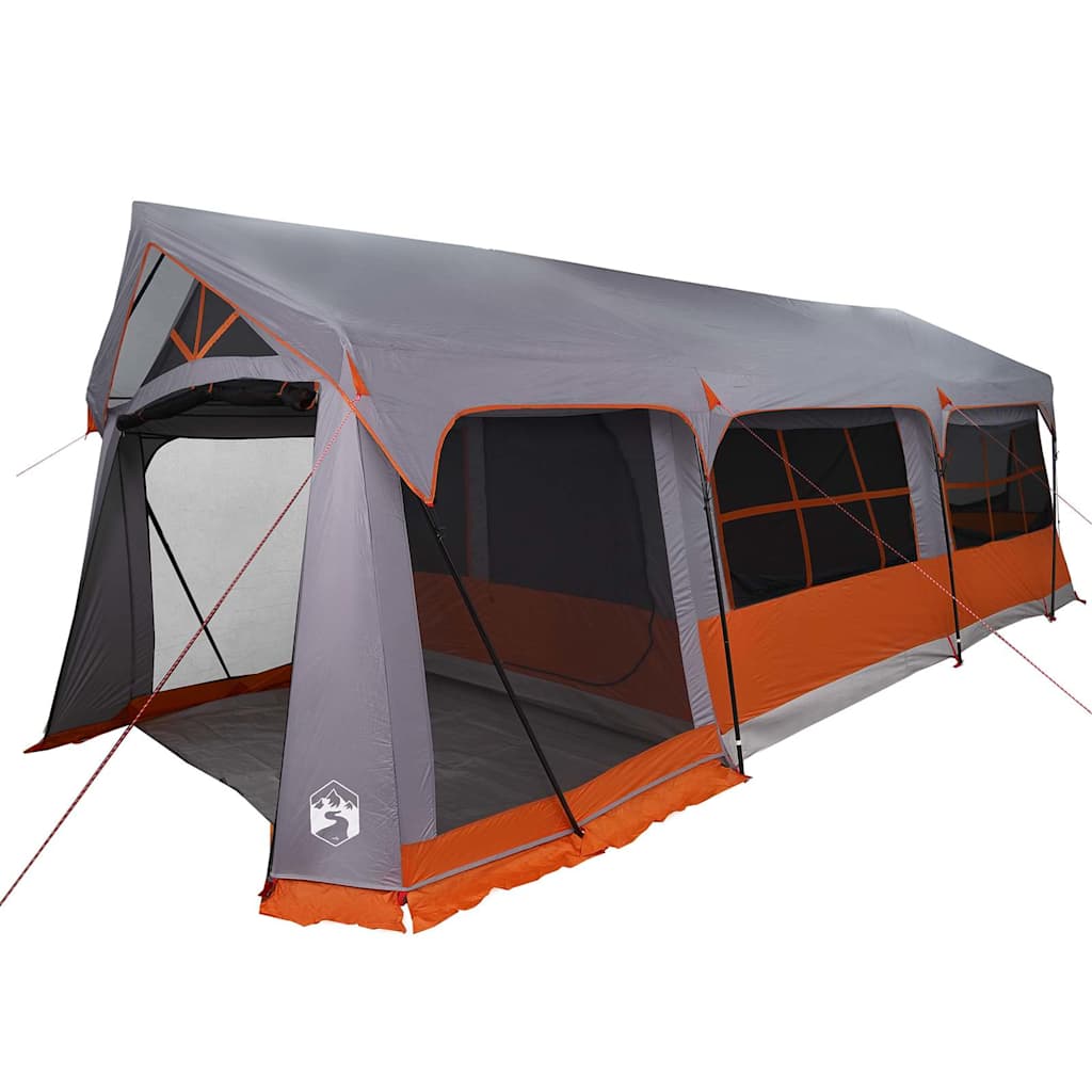 Zijaanzicht van de vidaXL gezinstent in grijs en oranje, met open ingang en ventilatieroosters.