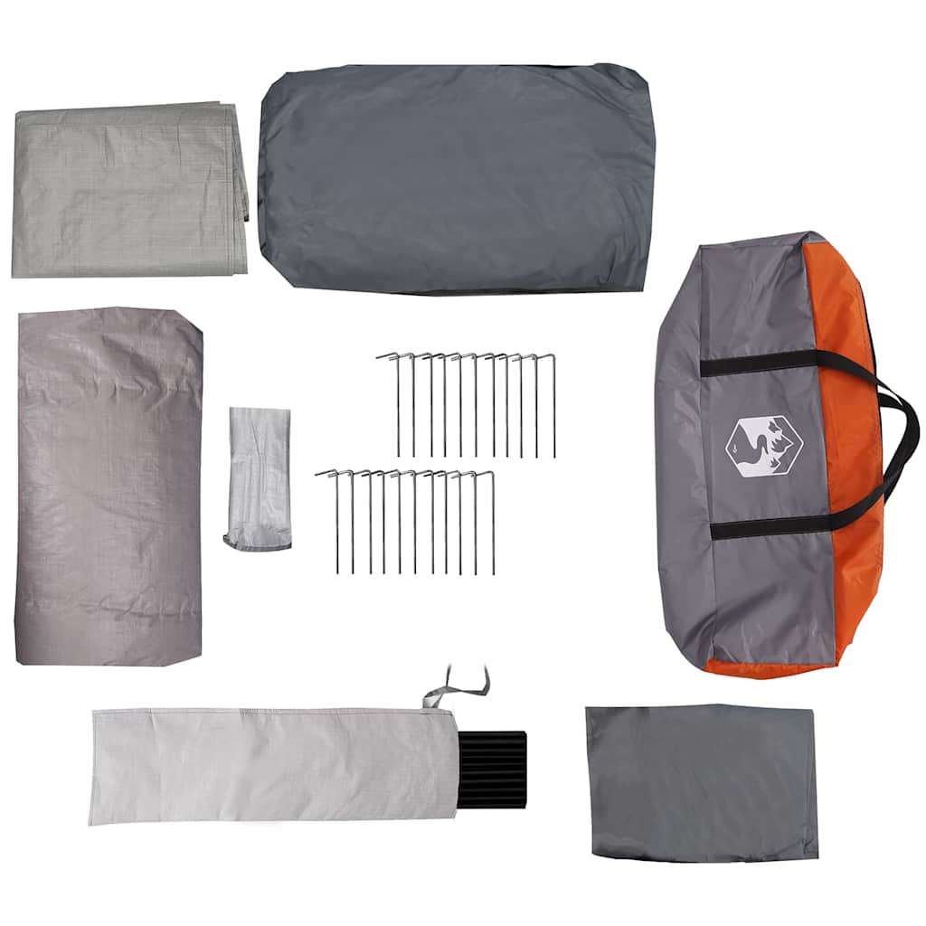 Detail van de grijze en oranje tentaccessoires, inclusief stokken en haringen van vidaXL.