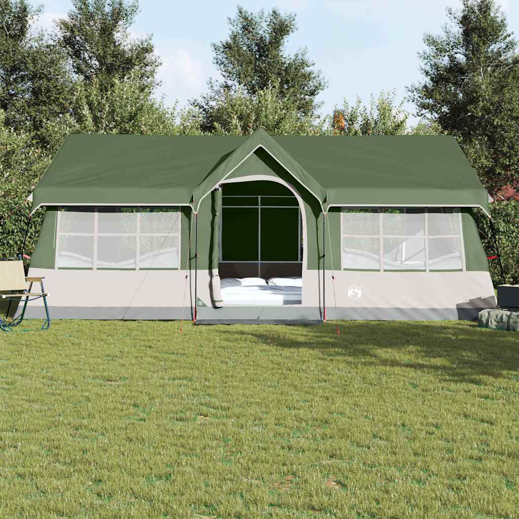 Vooraanzicht van de vidaXL gezinstent in groen en beige, met open ingang en ruime binnenruimte.