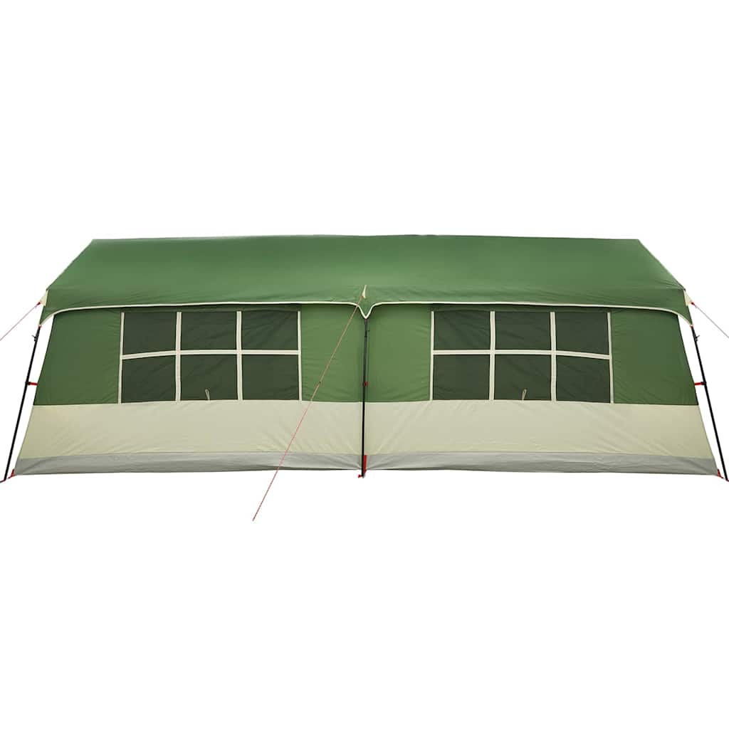 Zijaanzicht van de vidaXL gezinstent in groen en beige met grote ramen.