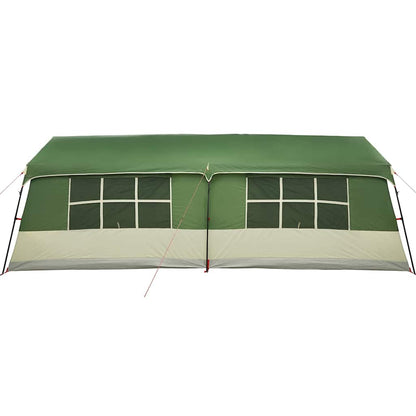 Zijaanzicht van de vidaXL gezinstent in groen en beige met grote ramen.