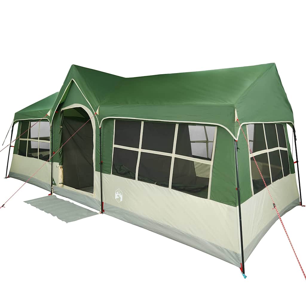 Detail van de vidaXL gezinstent in groen en beige, met ruime ingang en ventilatieramen.