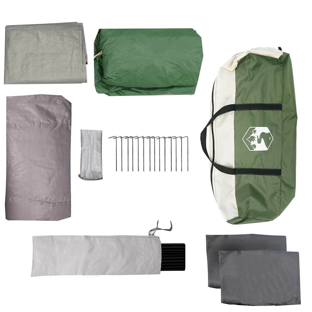 Diverse onderdelen van de vidaXL gezinstent in groen en beige, inclusief draagtas en haringen.