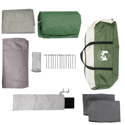 Diverse onderdelen van de vidaXL gezinstent in groen en beige, inclusief draagtas en haringen.