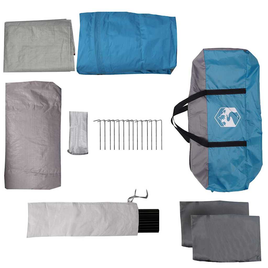 Detail van de accessoires van de vidaXL Gezinstent in blauw en grijs, inclusief draagtas en haringen.