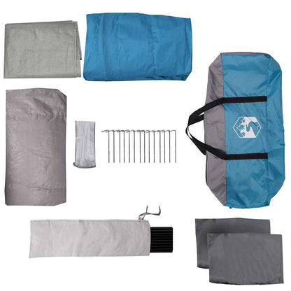 Detail van de accessoires van de vidaXL Gezinstent in blauw en grijs, inclusief draagtas en haringen.