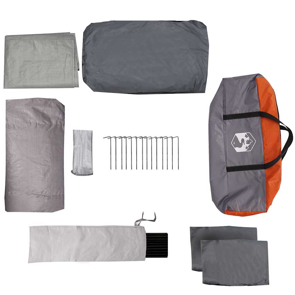 Accessoires van de vidaXL Gezinstent in grijs en oranje, inclusief haringen en opbergtas.