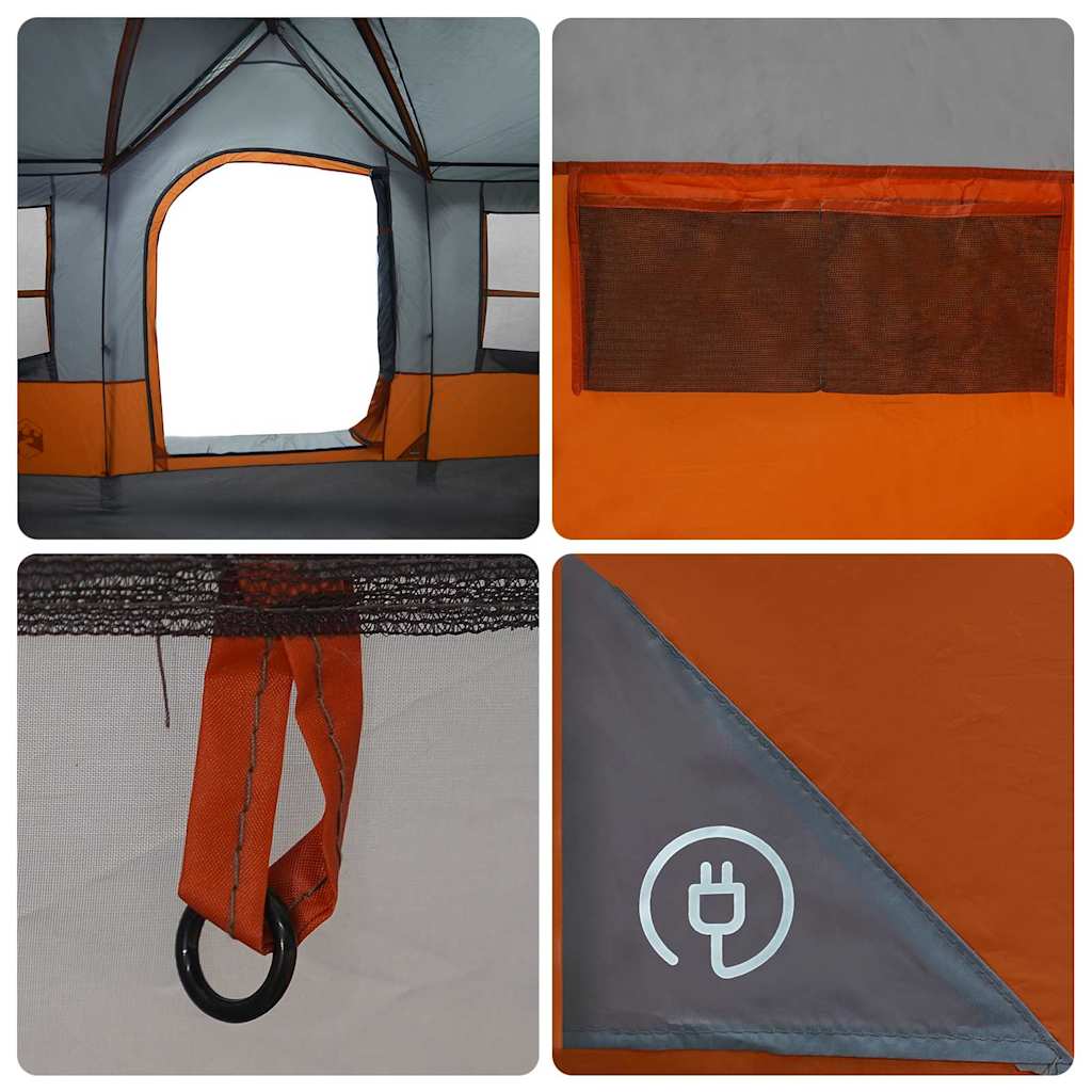 Detail van de grijs-oranje vidaXL gezinstent met ingangen en ventilatieroosters.