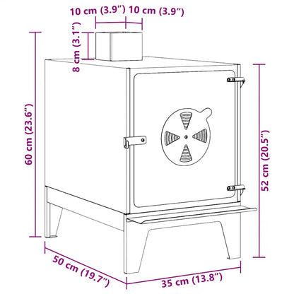 Detailweergave van de vidaXL campingkachel met afmetingen en ventilatierooster.