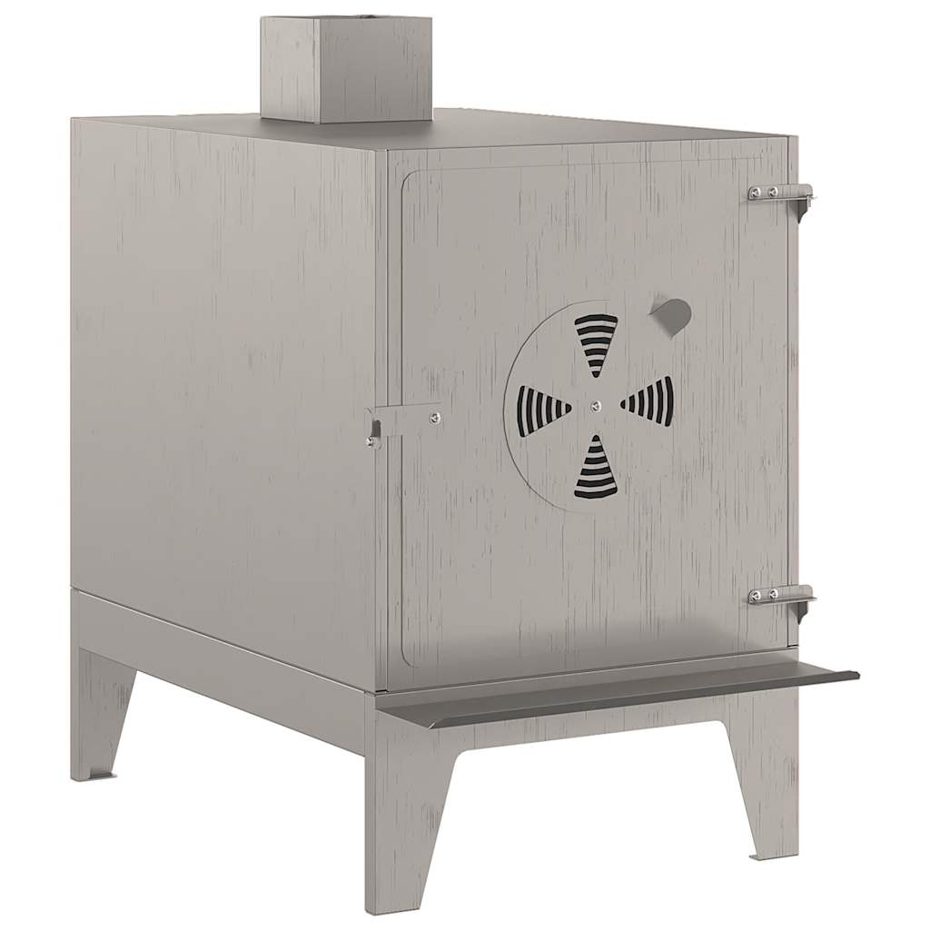 Detail van de vidaXL campingkachel in cortenstaal, met ventilatierooster en stevige poten.