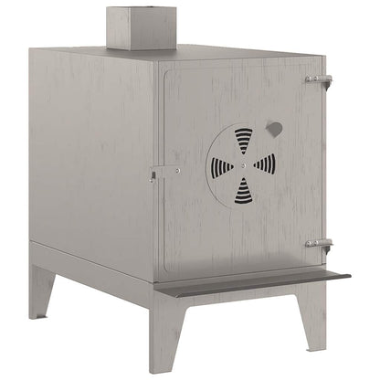 Detail van de vidaXL campingkachel in cortenstaal, met stevige poten en ventilatieopening.