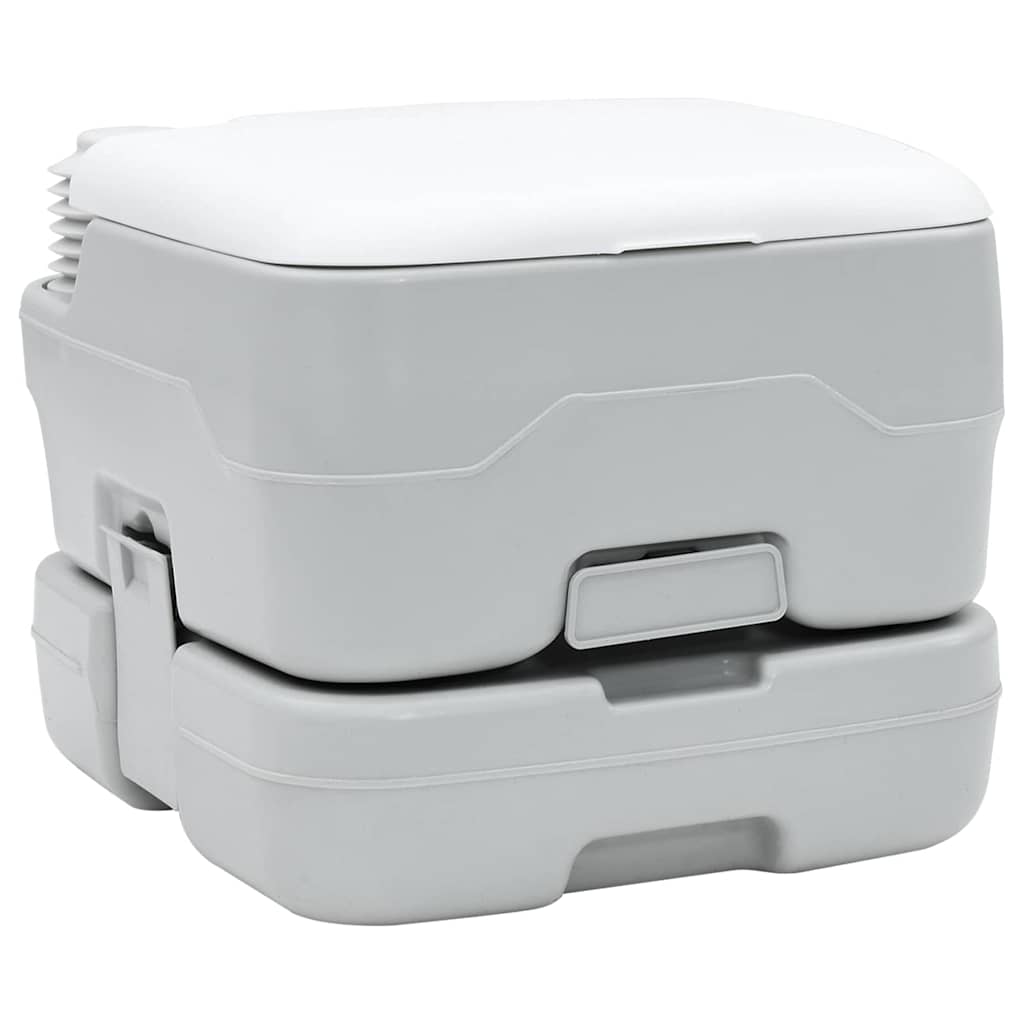 Draagbaar vidaXL campingtoilet in grijs-wit, compact en praktisch ontwerp.