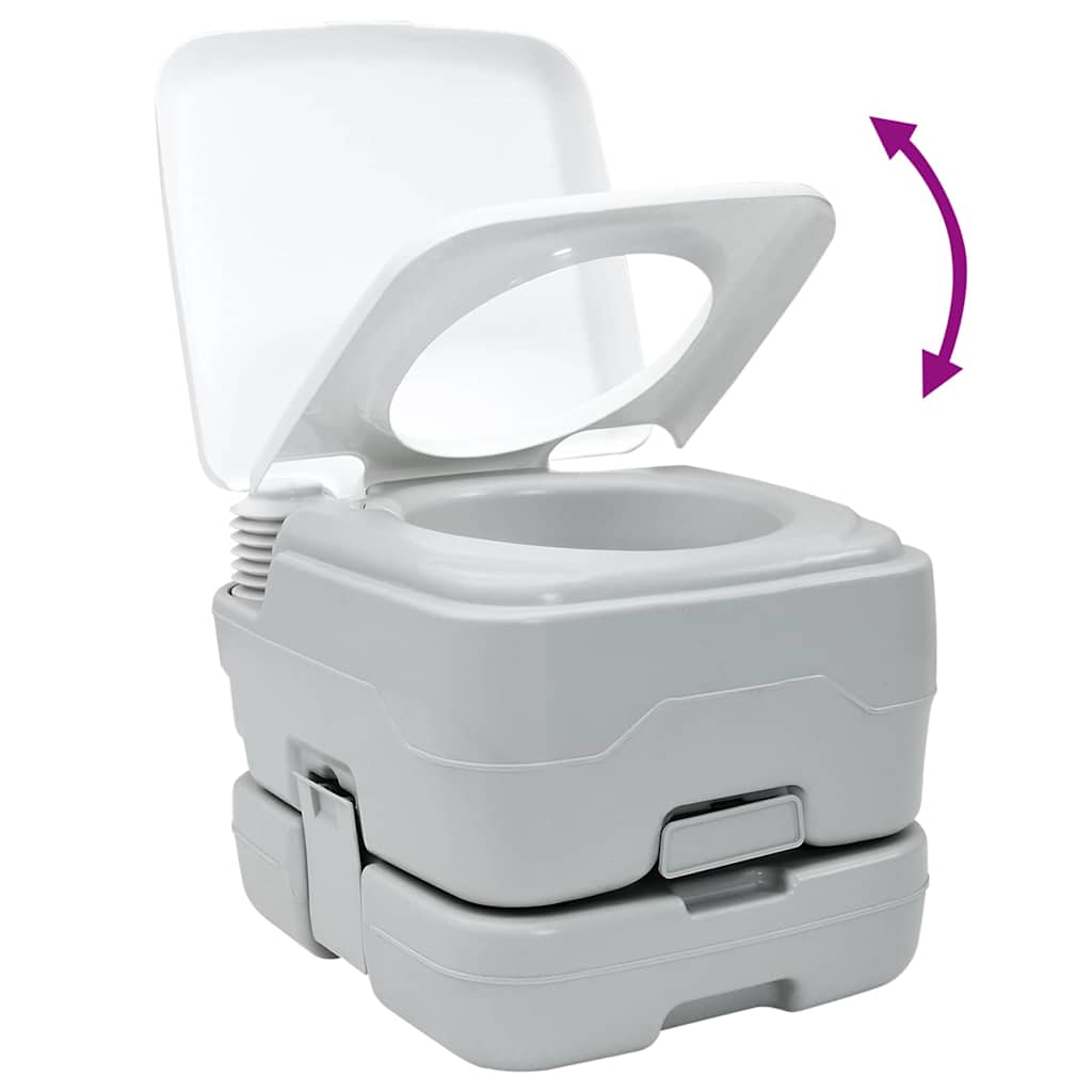 Detail van het vidaXL Camping Toilet in grijs en wit, met open deksel en bellows-pomp.