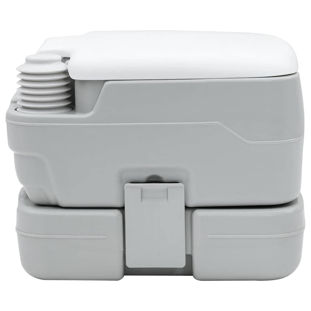 Zijaanzicht van het vidaXL Camping Toilet in grijs en wit, met compacte vorm en handvat.