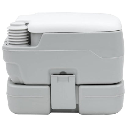 Zijaanzicht van het vidaXL Camping Toilet in grijs en wit, met compacte vorm en handvat.