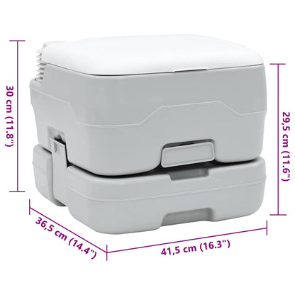 Detail van het vidaXL Camping Toilet in grijs en wit, met afmetingen en designkenmerken.
