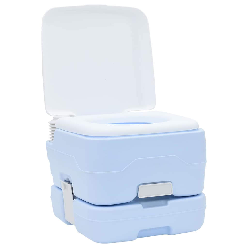 Lichtblauw vidaXL campingtoilet met open deksel, zijaanzicht van het ontwerp.