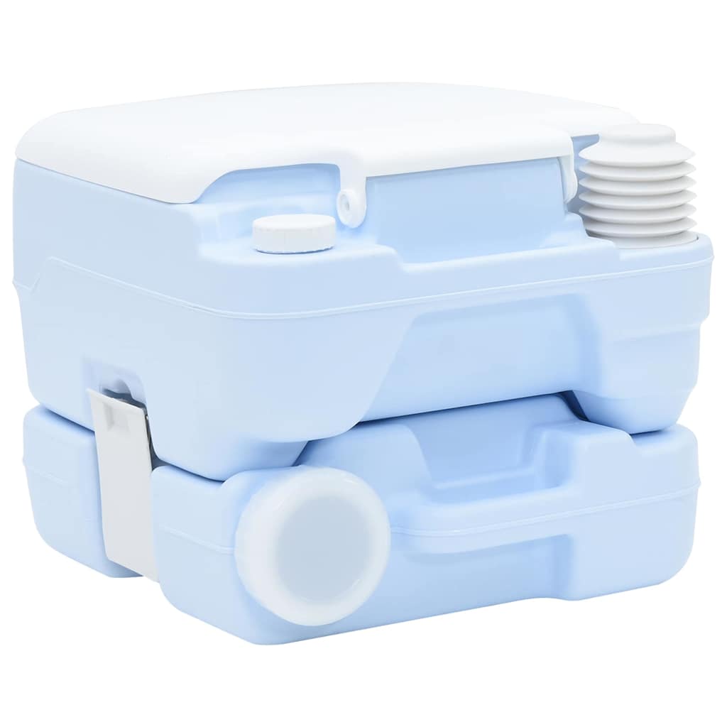 Zijaanzicht van het vidaXL lichtblauwe camping toilet met witte deksel en handvat.