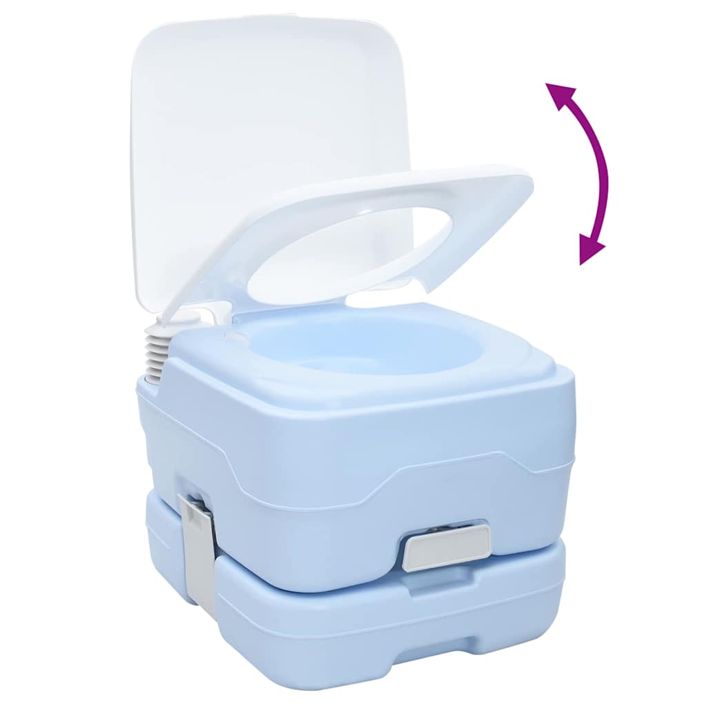 Detail van het vidaXL lichtblauwe camping toilet met open deksel en compacte vorm.